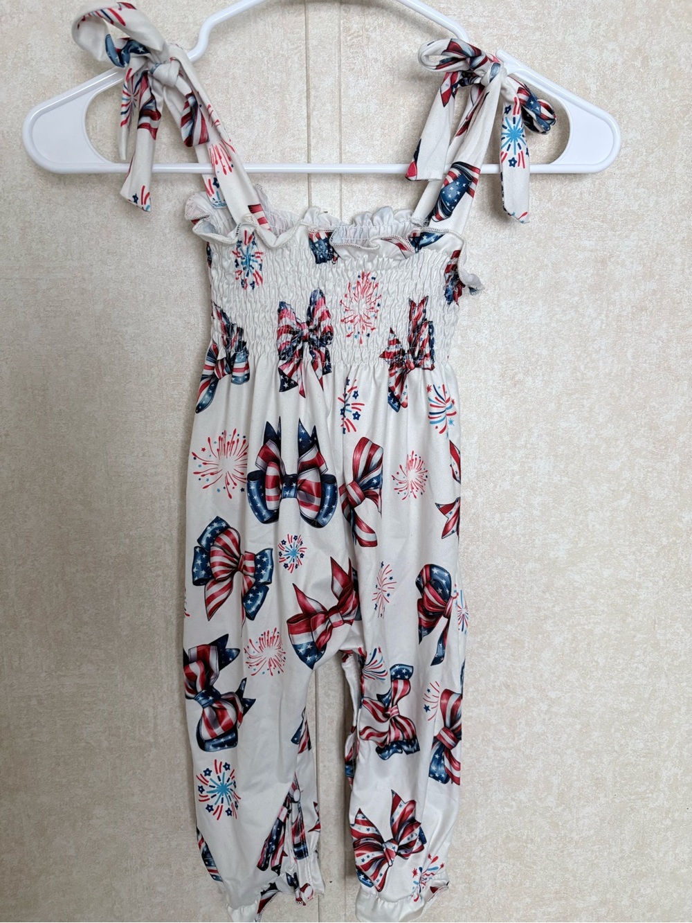 Girls Cream Patriotic Bow Print One-Piece Romper